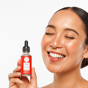 Woman holding a AHA BHA serum bottle with a plain background