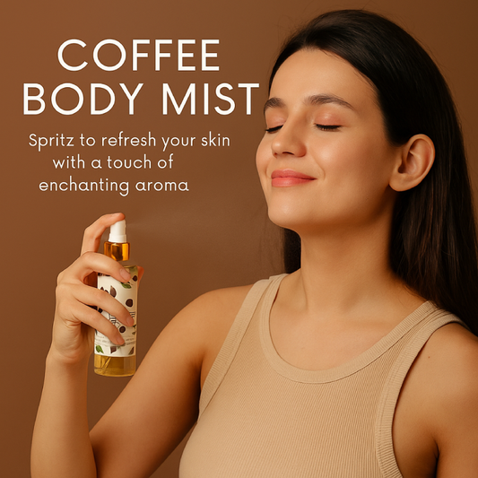Woman holding a bottle of coffee body mist with text on a brown background