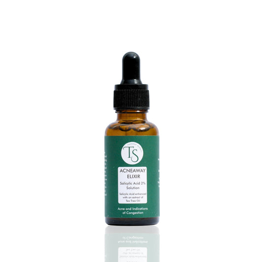 A bottle of Acneaway Elixir Salicylic Acid Serum with a dropper cap.
