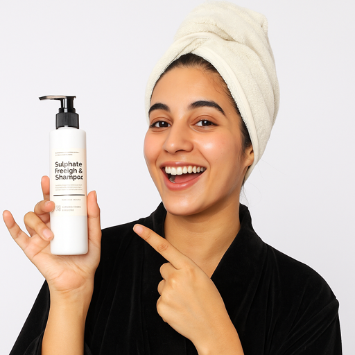 Woman with a towel on her head holding a bottle labeled 'Sulphate Free Shampoo' and pointing at it.