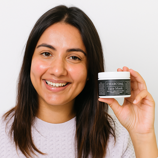 Woman holding a jar of charcoal face mask against a plain background. Woman applying or wearing the Charcoal Face Mask, showing even coverage and calm expression.