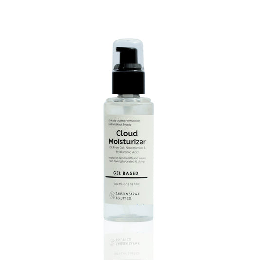 A pump bottle of Cloud Moisturizer gel with clear contents visible inside the bottle.
