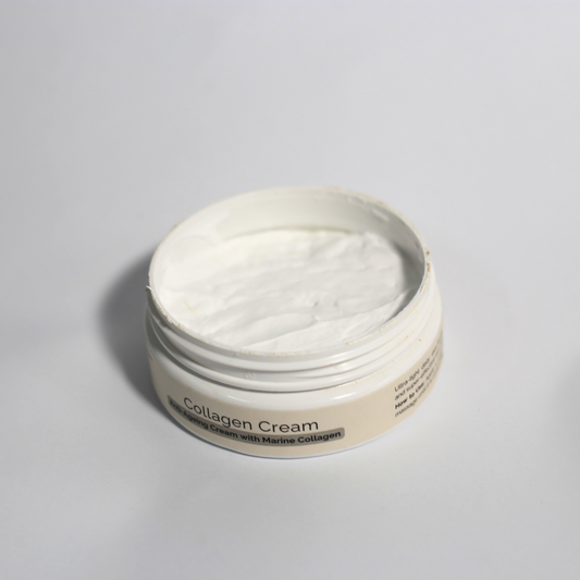 Open collagen cream jar showing silky texture and water splash visuals