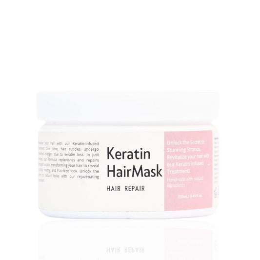 A packaged hair mask product labeled 'Keratin Hair Mask - Hair Repair' against a white background.