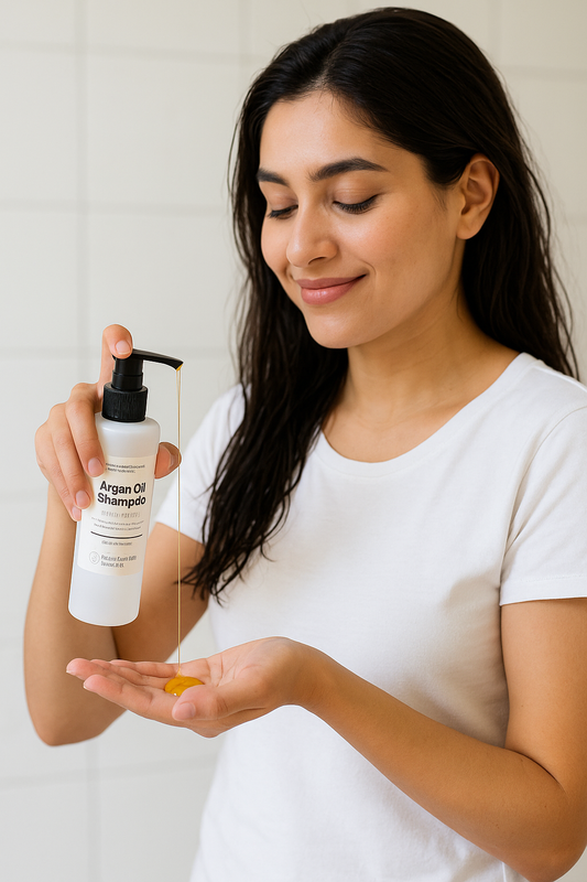 Woman holding a bottle of Argan Oil Shampoo and a small container of shampoo in her palm.