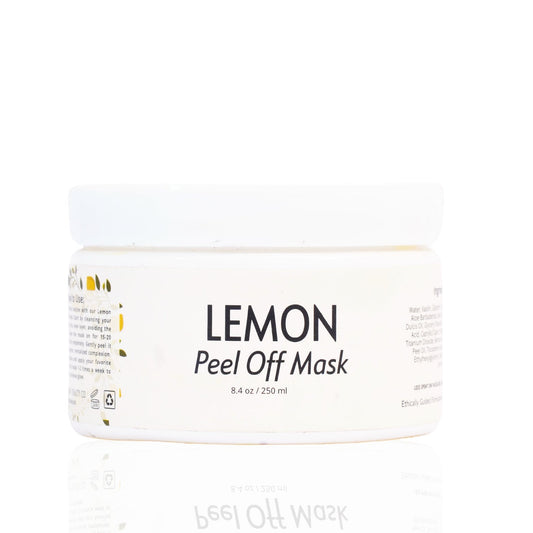A jar labeled 'LEMON Peel Off Mask', indicating a skincare product designed to brighten and exfoliate the skin.