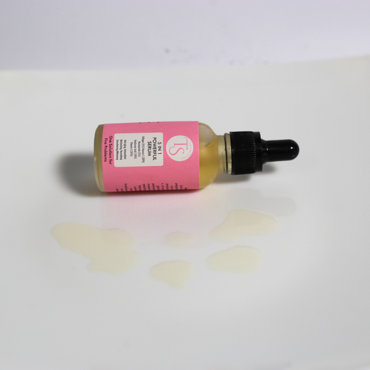 Niacinamide serum bottle with clear liquid and minimalist design beside natural light