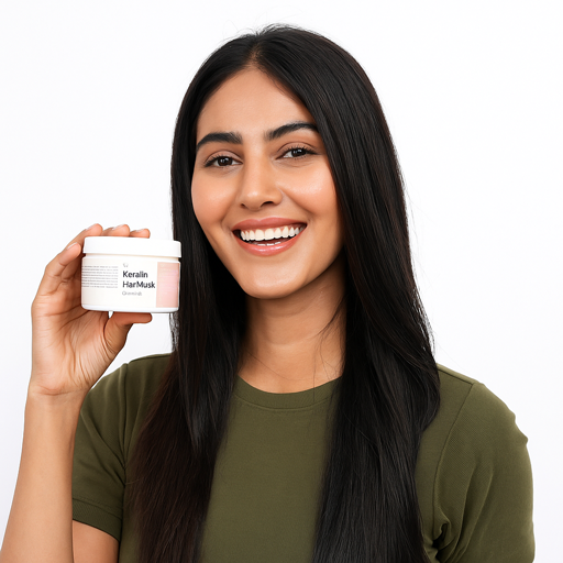 Woman holding a jar of Keralin Hair Mask against a white background