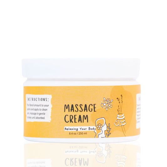 A container of Massage Cream with a label that includes the product name and an illustration of a figure receiving a massage.