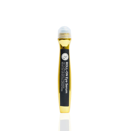 A roll-on eye serum bottle with a white label and gold roll-on ball applicator.
