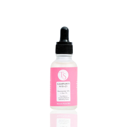 A bottle of Clearpurity Niacinamide 10% + Zinc 1% serum with a dropper, on a white background with a pink label.