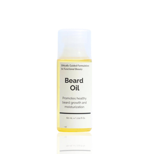 A bottle of Beard Oil with a white label on a plain background.