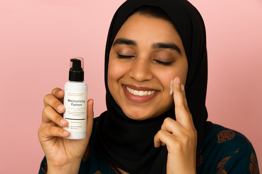 Woman applying skincare product with a bottle labeled 'Moisturising Factors' against a pink background. Woman applying Moisturizing Factors to her face, smiling with glowing, hydrated skin.