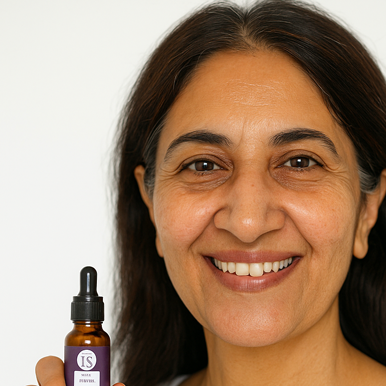 Woman holding a bottle of Retinol 1% serum  against a white background