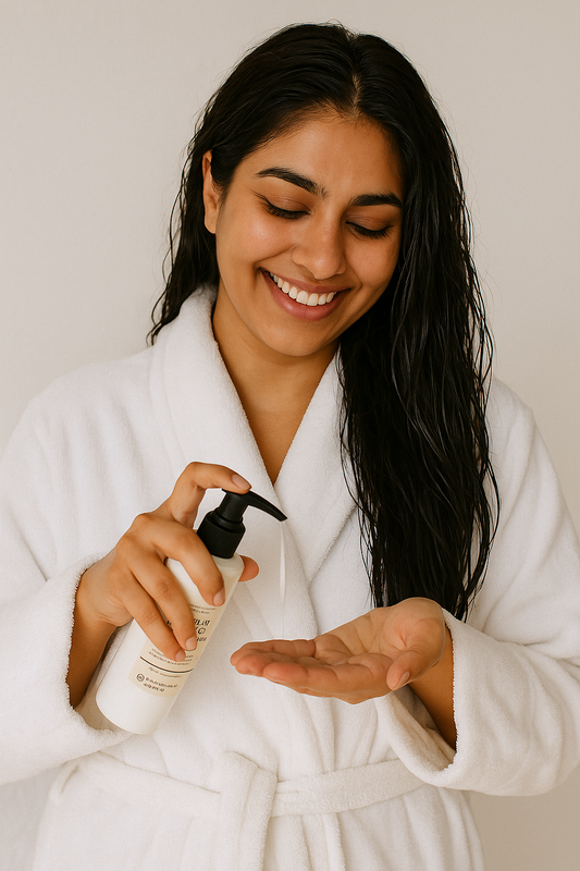 Woman in a white robe applying Damage Control Conditioner to her hair against a neutral background