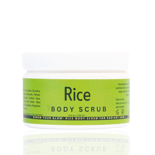 A jar of Rice Body Scrub with green labeling, indicating it is a natural exfoliator for soft and smooth skin.