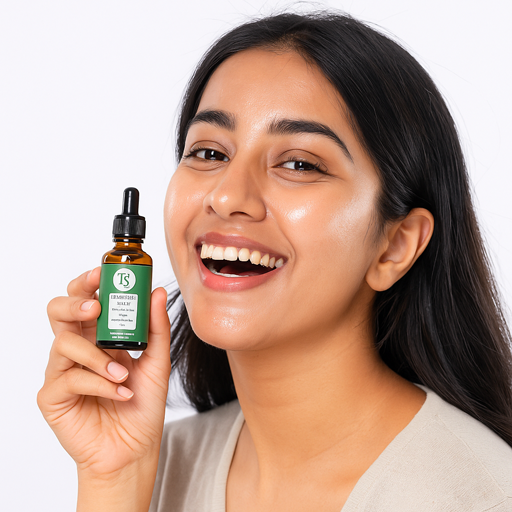 Woman holding a bottle of Salicylic Acid 2% Solution with a white background