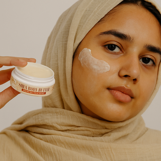 Woman applying shea body butter to her face with a beige background, Woman applying Shea Body Butter to her legs, showing glowing, well-moisturized skin.