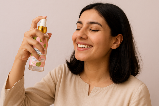 Woman holding a spray bottle with a neutral background