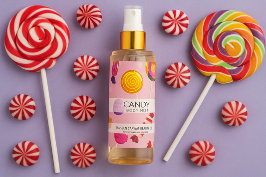 Candy-themed body mist bottle surrounded by colorful lollipops on a purple background