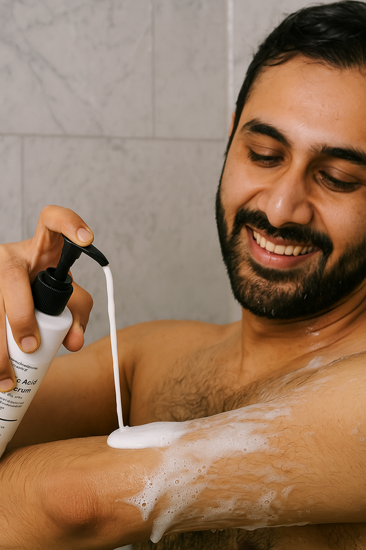 Man applying Sulphate 4% Cleanser for Body and Hair to his arm in a bathroom settingduring shower