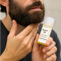 Person holding a bottle of beard oil near their beard