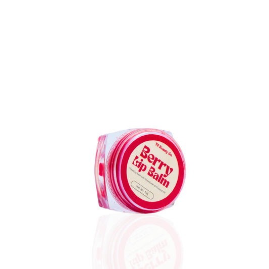 A container of Berry Lip Balm with a pink lid on a white background.