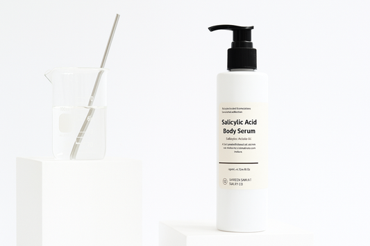 Salicylic Acid Body Serum bottle on a white background. Body serum bottle placed next to ingredients like salicylic acid molecules, tea tree, or aloe vera.