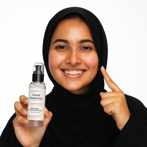 Woman holding a bottle of 'Cloud Moisturizer' and pointing to her face on a white background