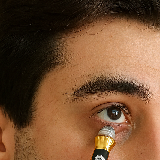 Man applying eyeliner with a pencil on a beige background
