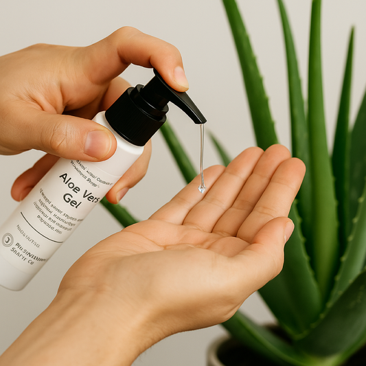 Person applying aloe vera gel to their hand with a plant in the background