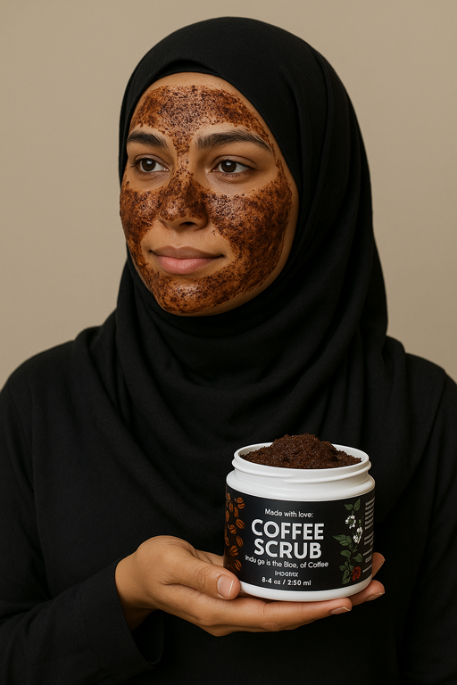 Woman with coffee scrub on face holding a jar of coffee scrub against a beige background