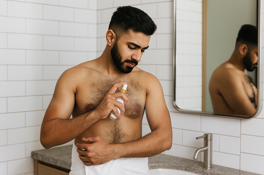Man applying hair removal spray to his chest in front of a mirror in a bathroom.