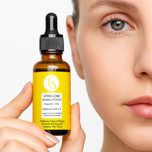Vitaglow skincare serum bottle held by a hand with a close-up of a person's eye in the background.