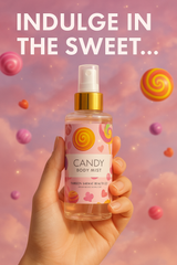 Hand holding a 'Candy' body mist bottle with candy-themed background