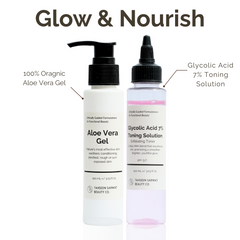 Two skincare products labeled 'Glow & Nourish' with labels for Aloe Vera Gel and Glycolic Acid Toning Solution on a white background.