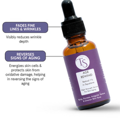 Bottle of 'Age Rewind' serum with purple label and dropper on a white background