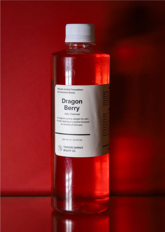 Dragon berry cleanser with antioxidant molecule graphics and gentle cleansing icons

