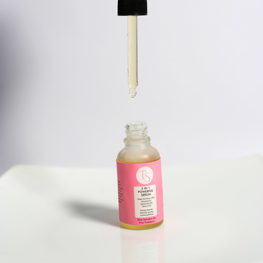 Bottle of niacinamide serum placed with glowing icons and even-toned model skin