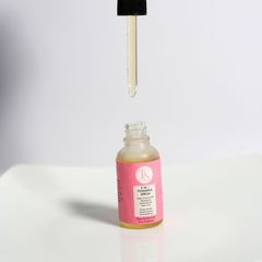 Bottle of niacinamide serum placed with glowing icons and even-toned model skin