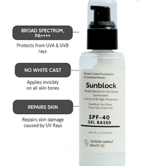 Sunscreen bottle with features listed on a white background