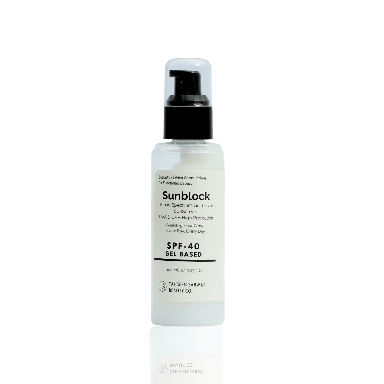 A pump bottle of Sunblock gel sunscreen with SPF 40 indicated on the label.