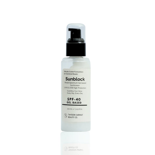 A pump bottle of Sunblock gel sunscreen with SPF 40 indicated on the label.
