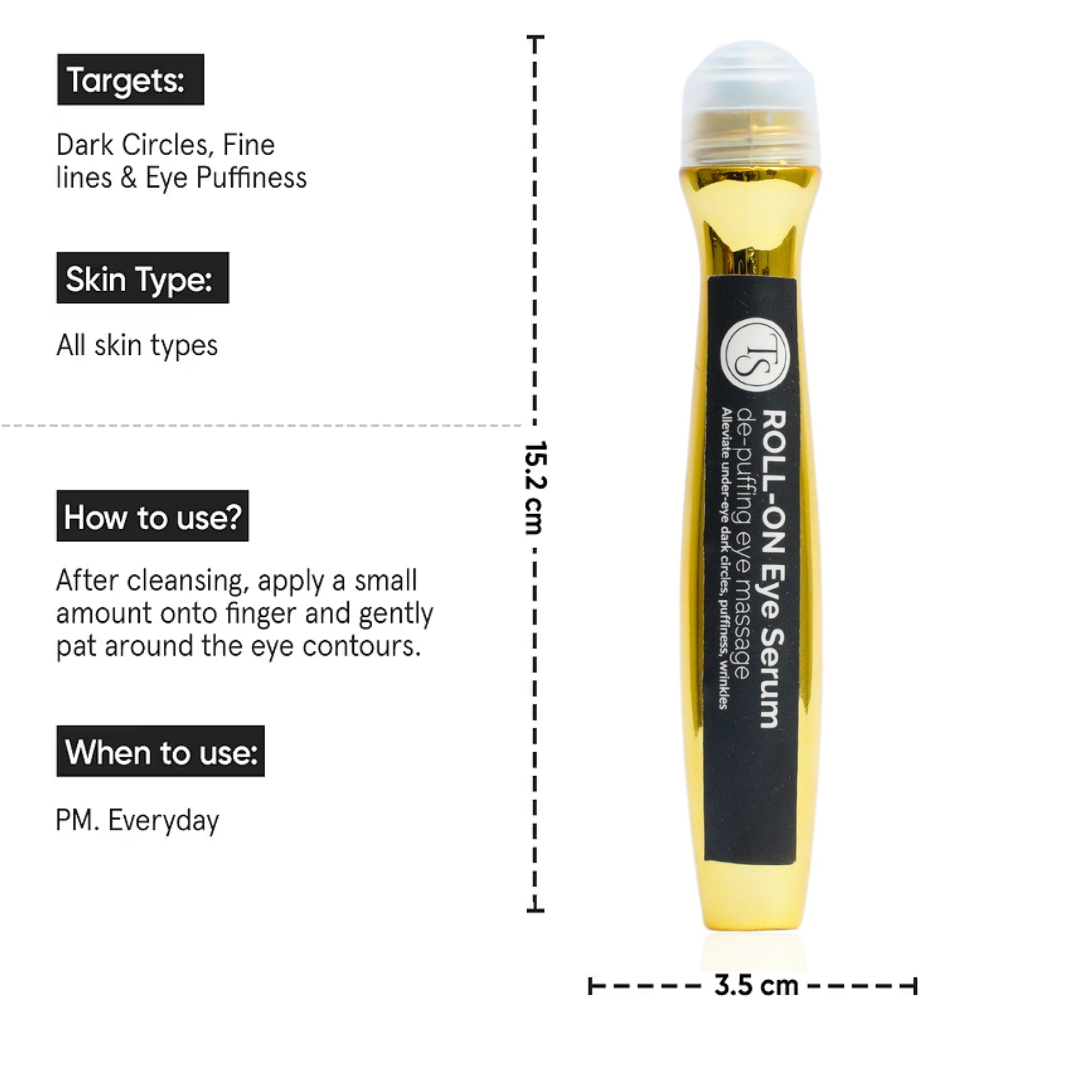 Roll-on eye serum with product details on a white background