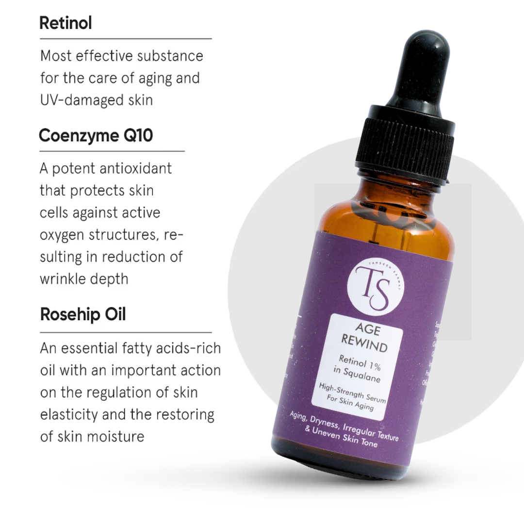 Skincare serum bottle with ingredients listed on a white background