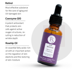Skincare serum bottle with ingredients listed on a white background