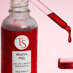 Bottle of Rejuva Peel with a dropper on a pink background