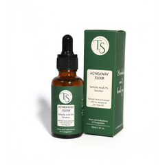TS Beauty salicylic acid serum beside a before-and-after acne improvement image