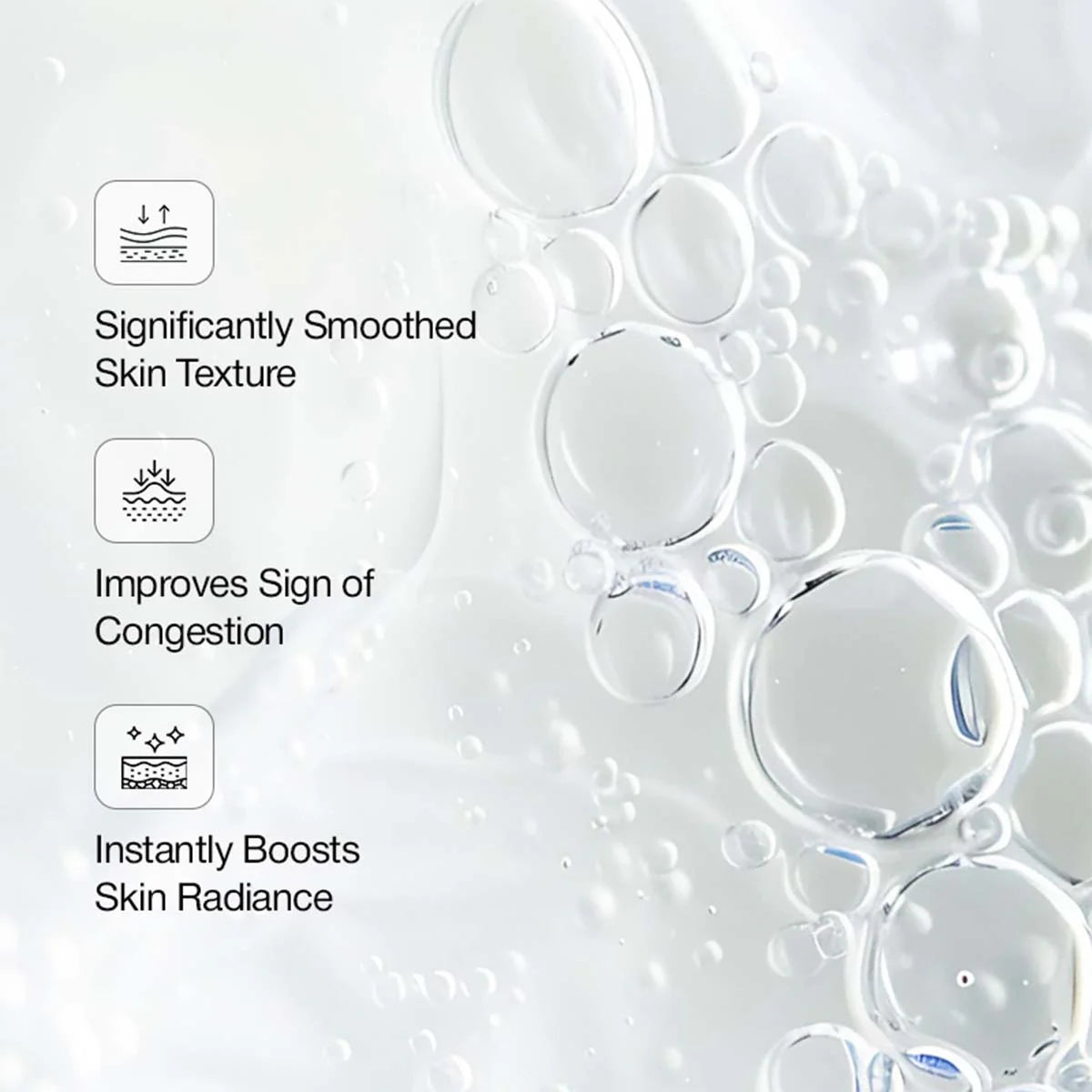 Bubbles on a white background with text about skincare benefits