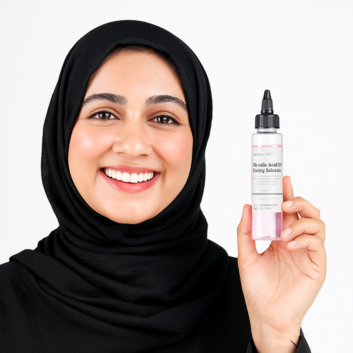 Woman holding a skincare Glycolic acid 7% exfoliating toner bottle against a white background